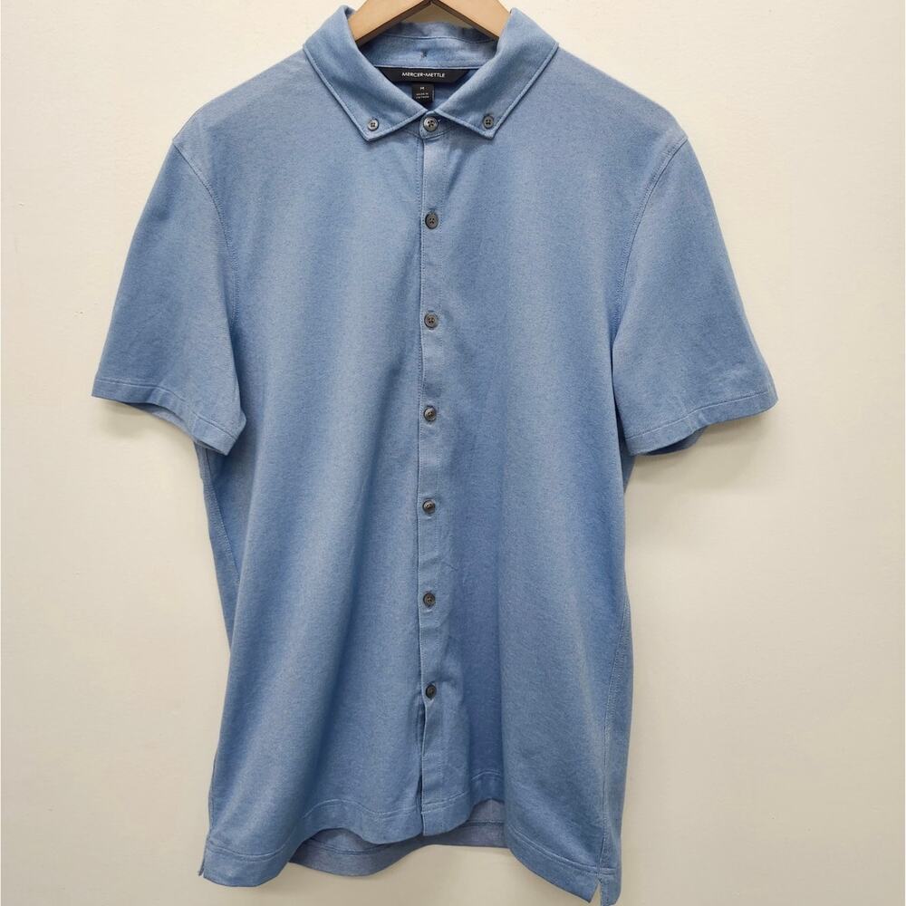 Mercer + Mettle  Stretch Pique Button Down Polo Shirt Mens M Blue Short Sleeve